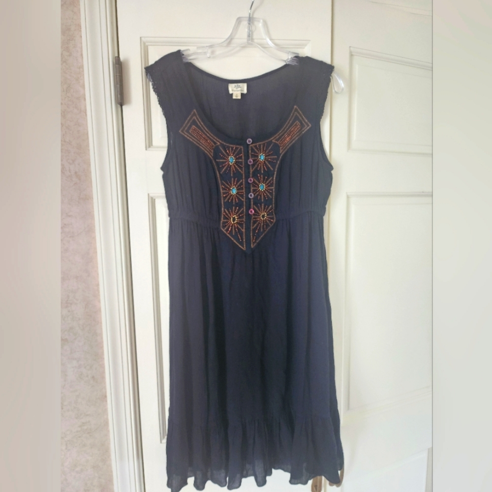 Forbidden Dress Size Small Black Beaded Flutter Peasant Boho Hippie Tiered